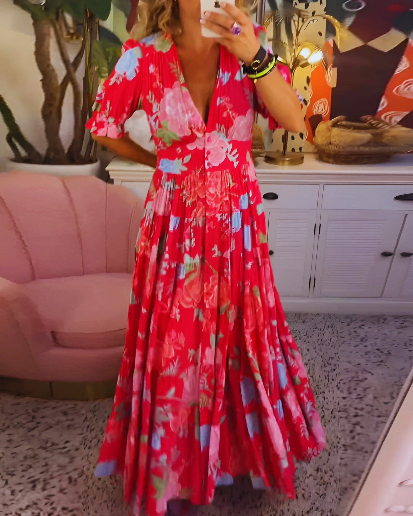 CARINA | Vestido largo floral plisado manga 3/4 escote v