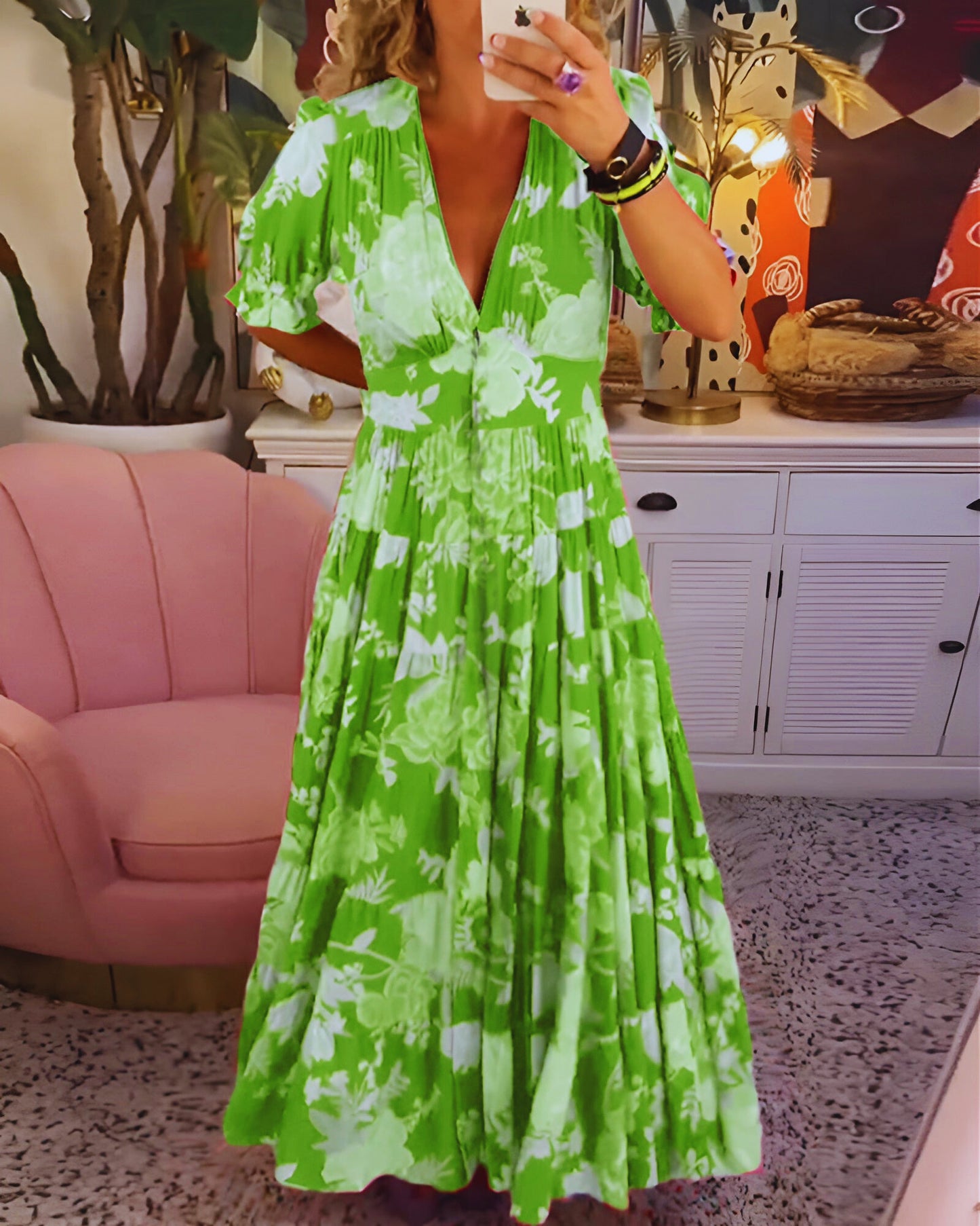 CARINA | Vestido largo floral plisado manga 3/4 escote v