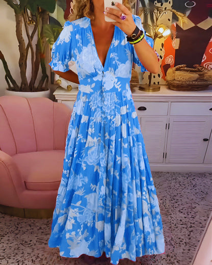 CARINA | Vestido largo floral plisado manga 3/4 escote v