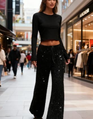 PANTALÓN PALAZZO LENTEJUELAS CINTURA ALTA