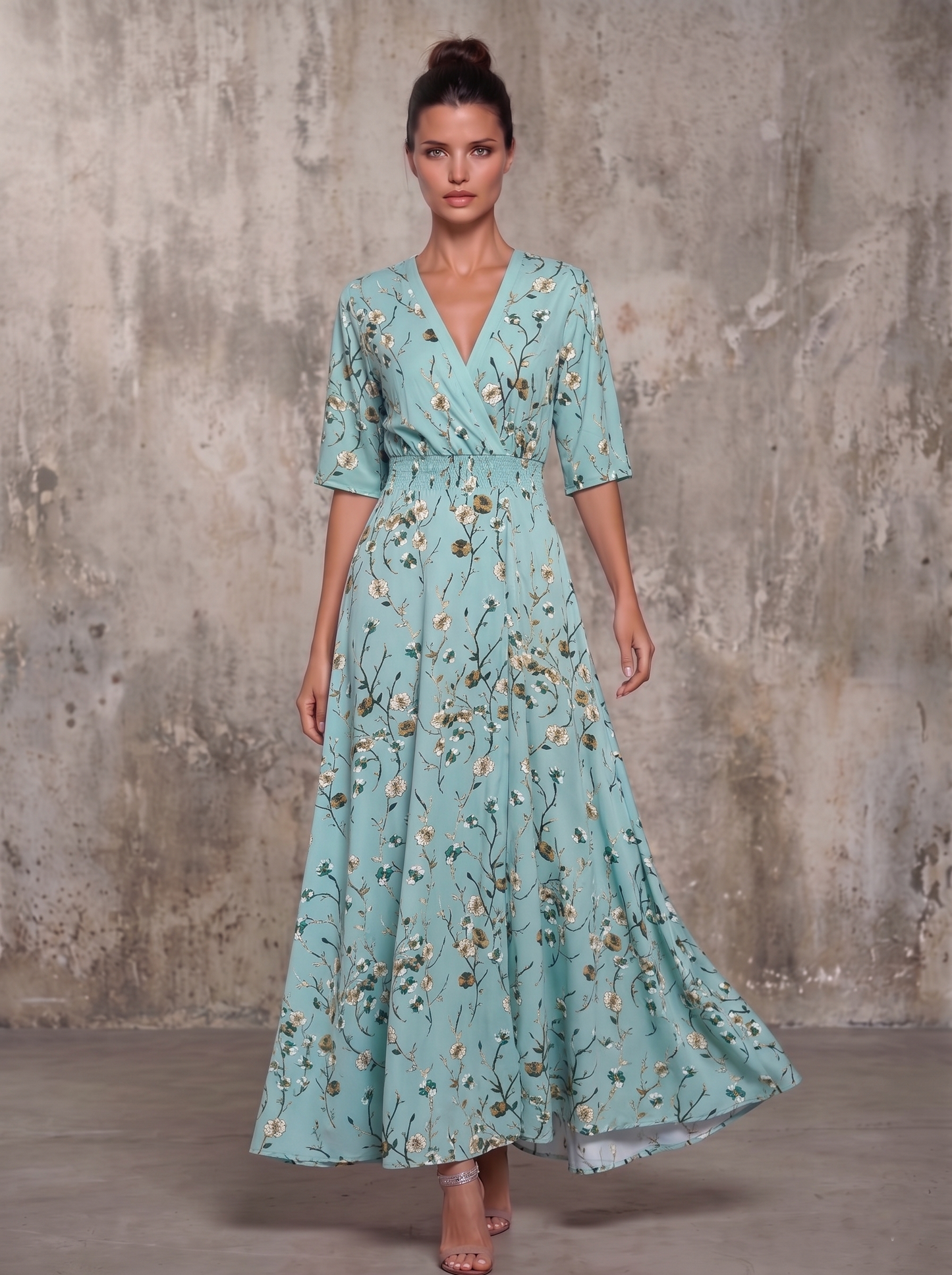 VESTIDO MAXI MANGA 3/4 ESCOTE EN V