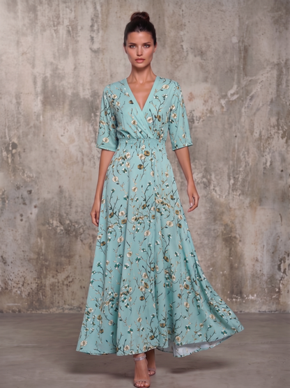 VESTIDO MAXI MANGA 3/4 ESCOTE EN V