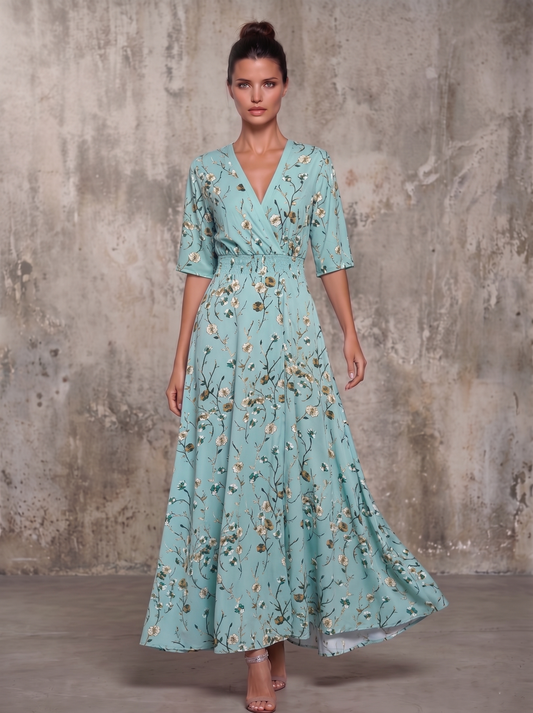 VESTIDO MAXI MANGA 3/4 ESCOTE EN V