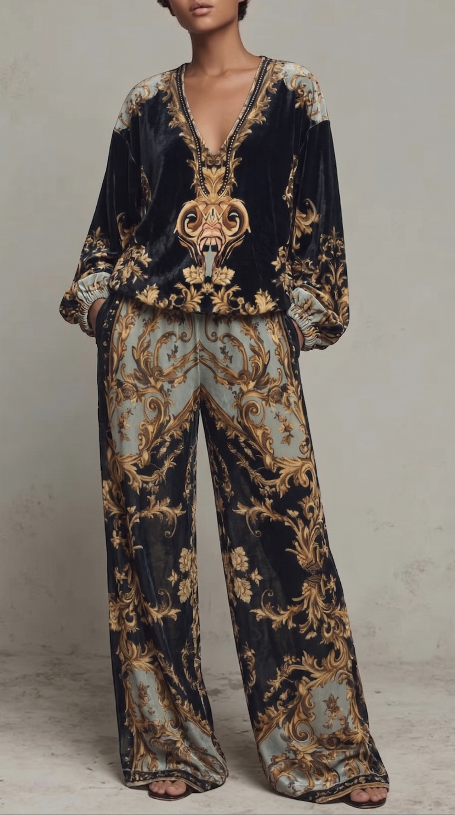 BAROQUE OUTFIT: LONG-SLEEVED TOP AND WIDE-LEG TROUSERS
