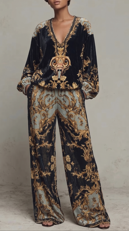BAROQUE OUTFIT: LONG-SLEEVED TOP AND WIDE-LEG TROUSERS