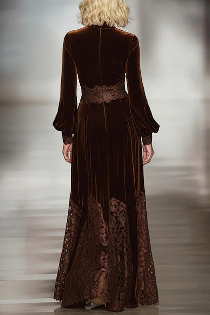 VELVET AND LACE MAXI DRESS WITH BALLOON SLEEVES