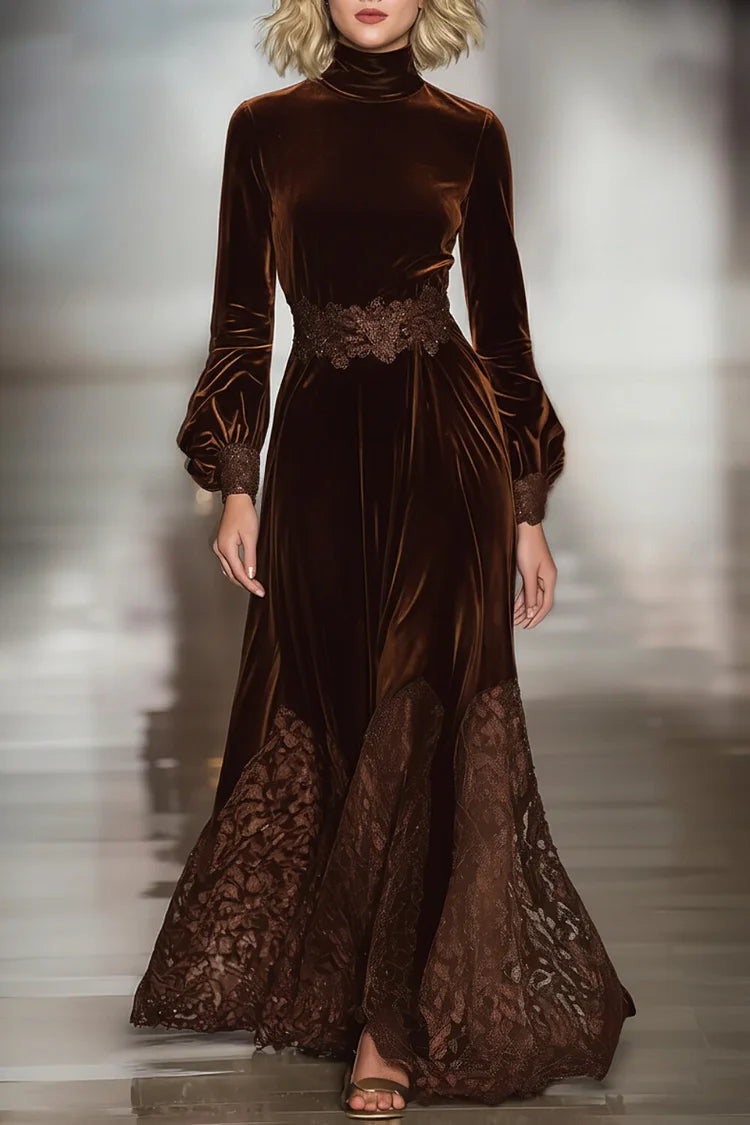 VELVET AND LACE MAXI DRESS WITH BALLOON SLEEVES