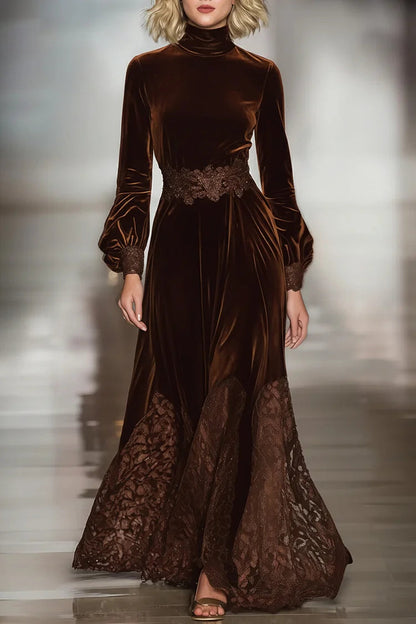 VELVET AND LACE MAXI DRESS WITH BALLOON SLEEVES
