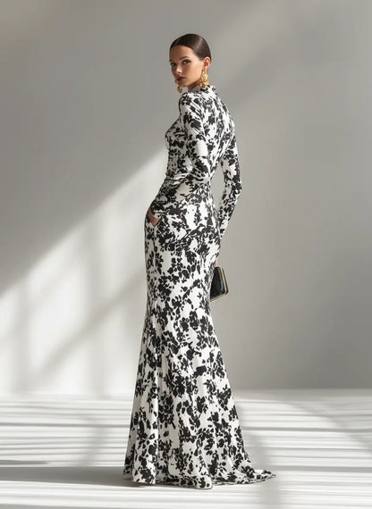 FLORAL MAXI DRESS WITH HIGH NECK AND LONG SLEEVES
