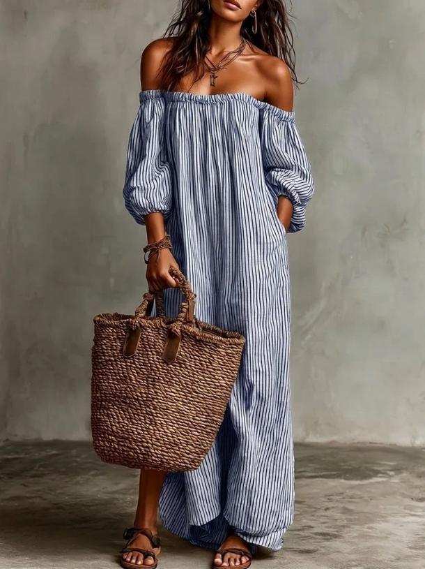 elegant light blue striped off shoulder maxi dress for women refined feminine fashion perfect for events dinners and stylish occasions