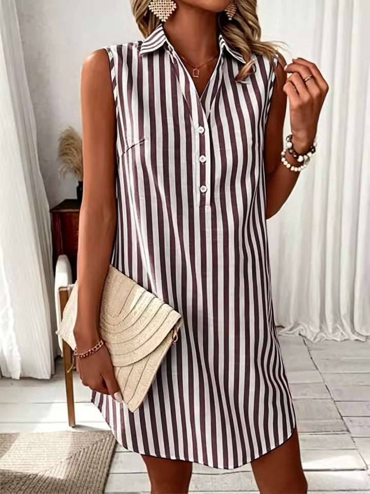 SLEEVELESS STRIPED SHIRT DRESS VERTICAL STRIPES V-NECK BUTTONS – Loopy Wear