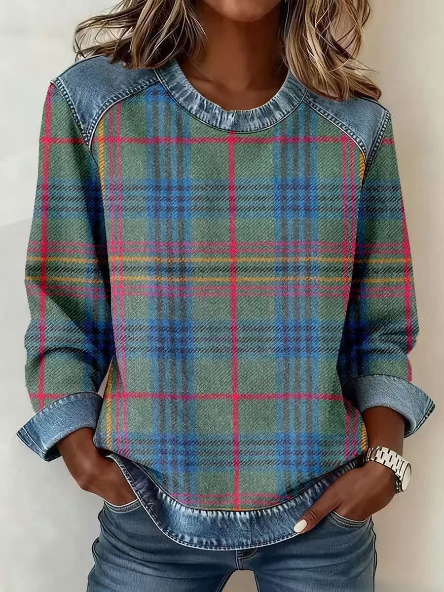 SCOTCH | Patchwork plaid sweatshirt with round neck