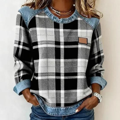 SCOTCH | Patchwork plaid sweatshirt with round neck