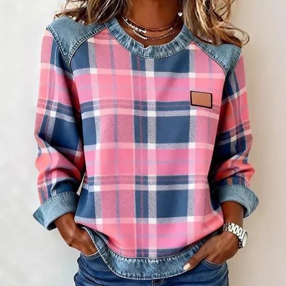 SCOTCH | Patchwork plaid sweatshirt with round neck