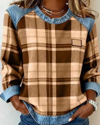 SCOTCH | Patchwork plaid sweatshirt with round neck