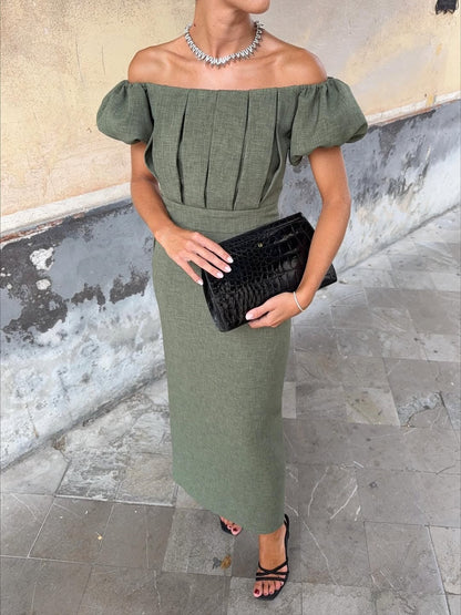 VESTIDO MIDI SIN HOMBROS MANGA ABULLONADA