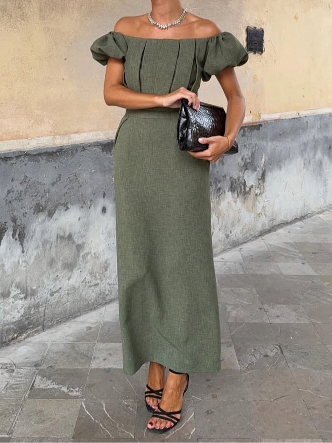 VESTIDO MIDI SIN HOMBROS MANGA ABULLONADA