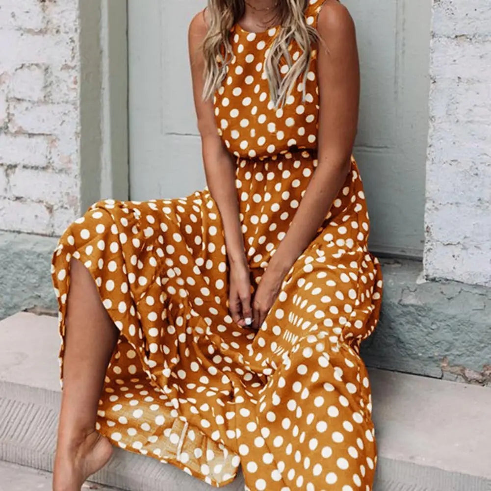 elegant yellow polka dot sleeveless maxi dress for women with flowy silhouette refined feminine fashion perfect for events and special occasions