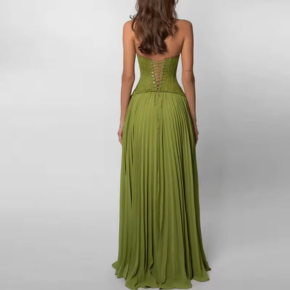 CORSET STRAP PLEATED MAXI DRESS