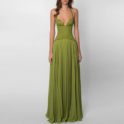 CORSET STRAP PLEATED MAXI DRESS