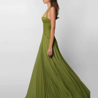 CORSET STRAP PLEATED MAXI DRESS