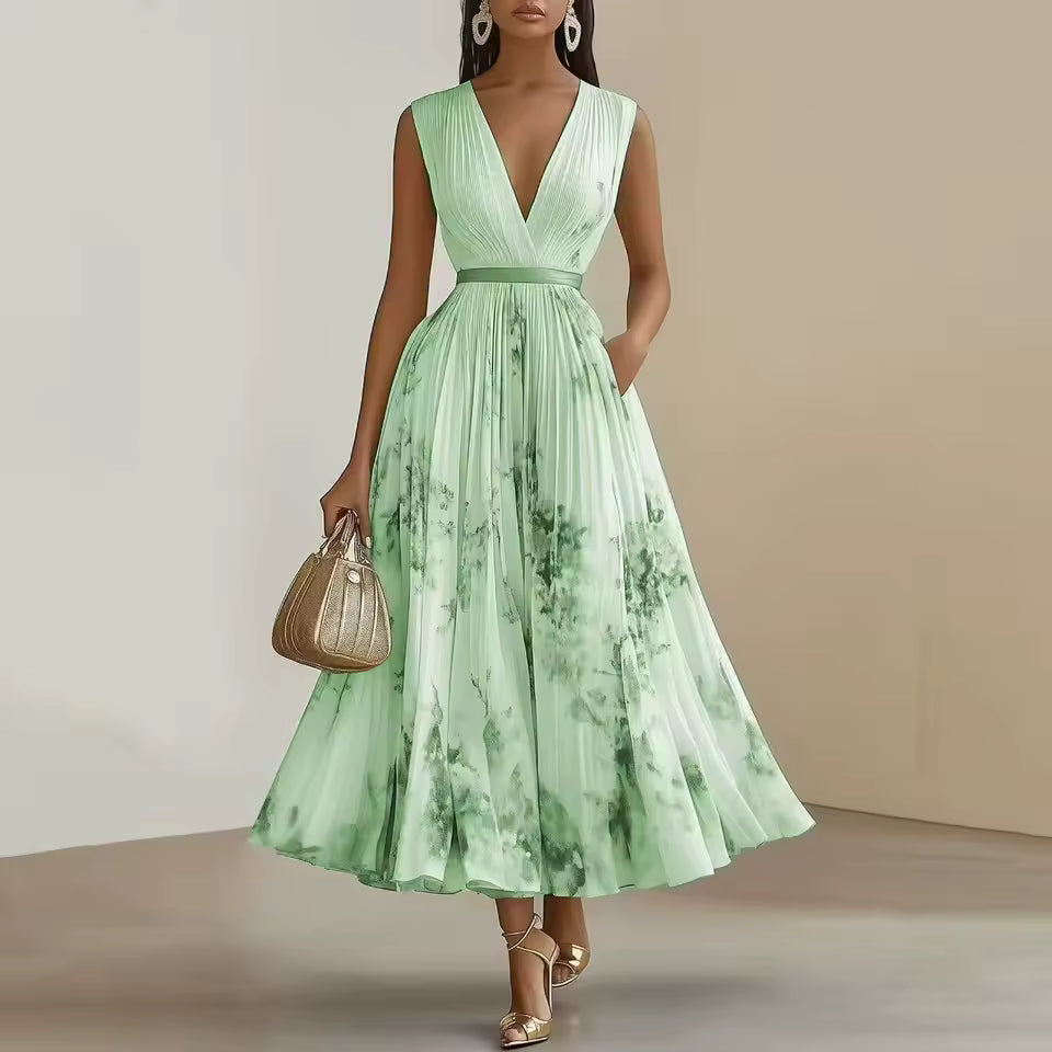 FLORAL MAXI DRESS WITH PLEATS AND V-NECK