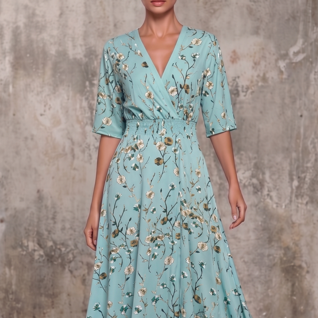 VESTIDO MAXI MANGA 3/4 ESCOTE EN V