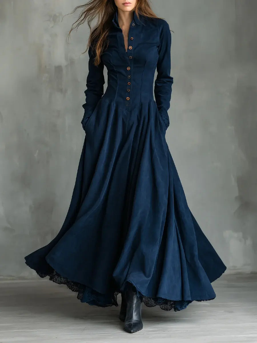 VESTIDO GÓTICO AZUL OSCURO CON ENCAJE, BOTONADURA ANTERIOR Y CUELLO CAMISERO. ELEGANTE, SOFISTICADO Y PERFECTO PARA EVENTOS O SALIDAS. CONSÍGUELO HOY