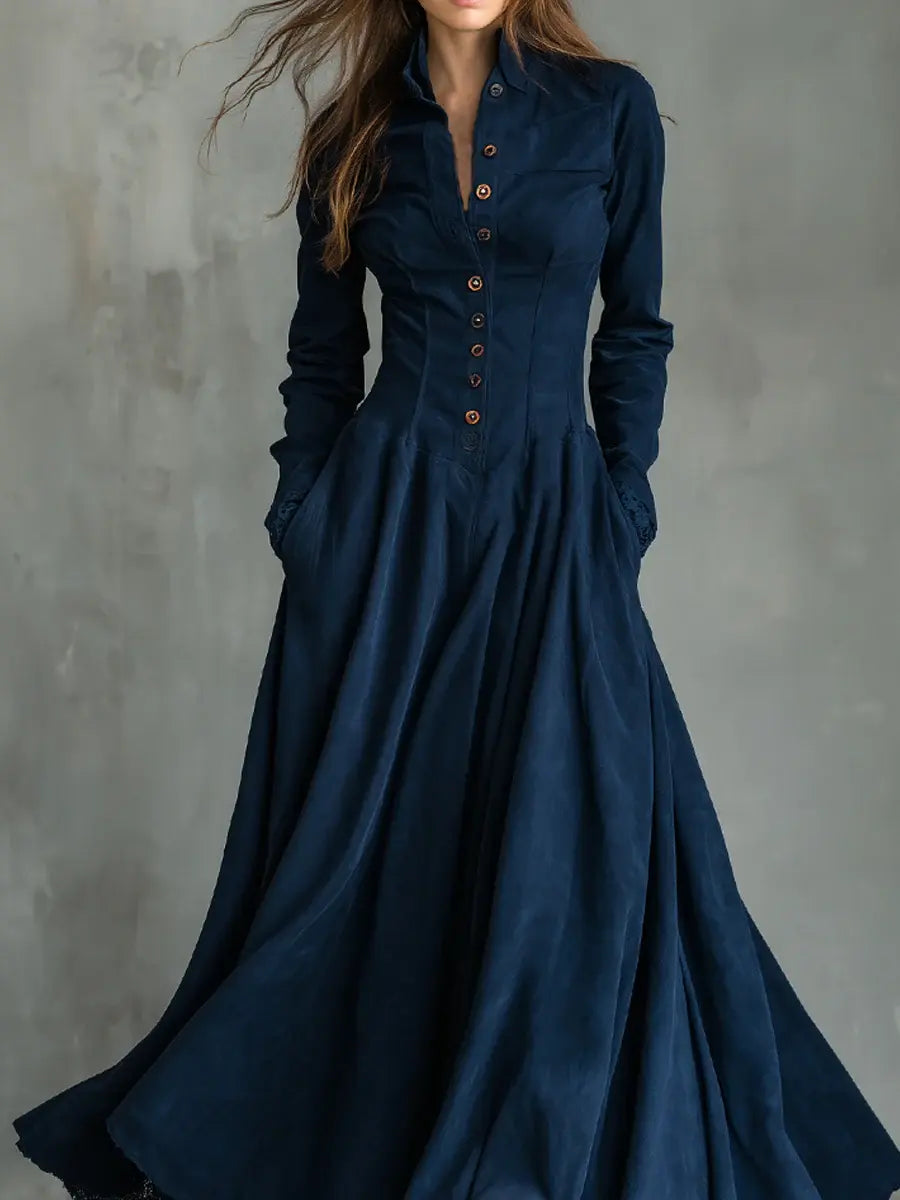 VESTIDO GÓTICO AZUL OSCURO CON ENCAJE, BOTONADURA ANTERIOR Y CUELLO CAMISERO. ELEGANTE, SOFISTICADO Y PERFECTO PARA EVENTOS O SALIDAS. CONSÍGUELO HOY