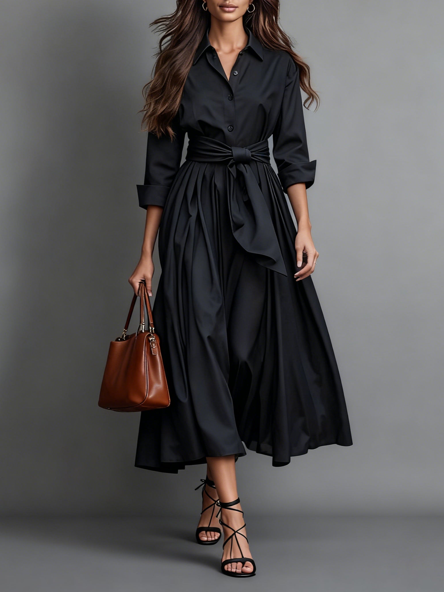 elegant minimalist shirt maxi dress for women with waist tie sophisticated feminine fashion perfect for office outfits events and dinners