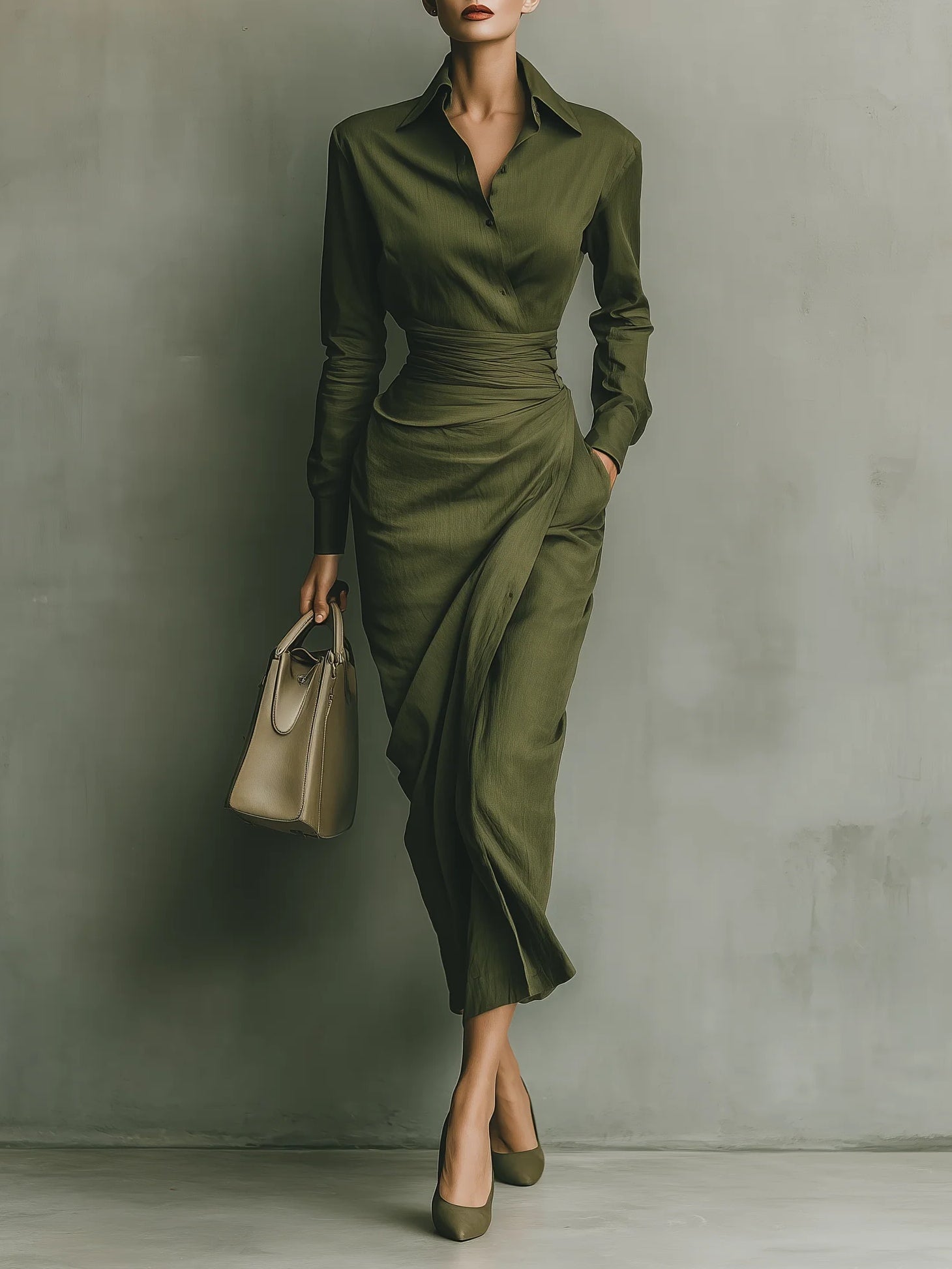 MILITARY GREEN COTTON BLEND MAXI DRESS WITH SHIRT COLLAR, LONG SLEEVES, FITTED CUT AND DRAPED SKIRT – Loopy Wear