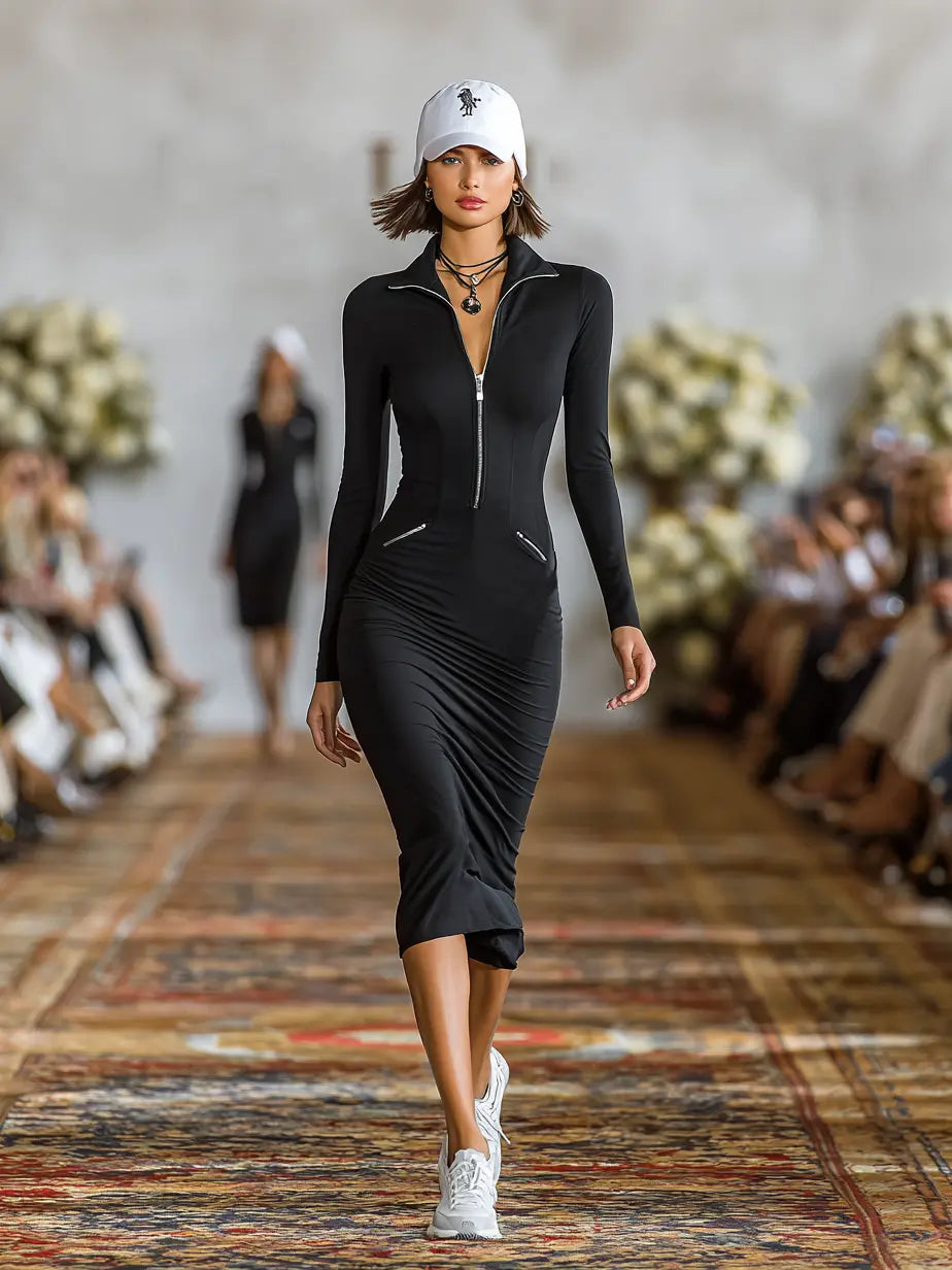 elegant sporty midi dress for women with zipper and lapel collar refined feminine fashion perfect for casual chic outfits office looks and stylish occasions