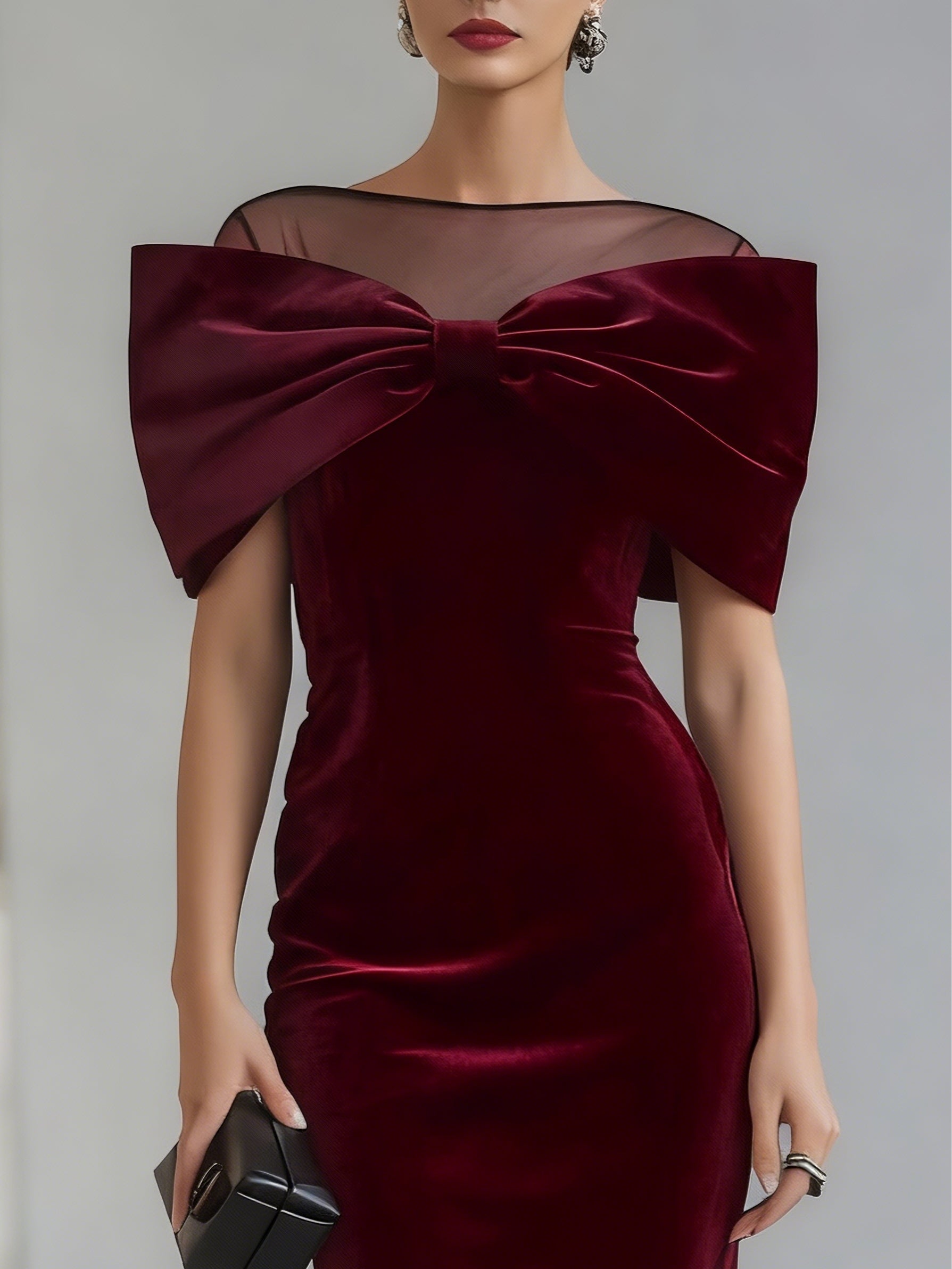VESTIDO MIDI DE TERCIOPELO Y LAZO CUELLO BOTE DE MALLA. ELEGANCIA SOFISTICADA, SENCILLEZ QUE IMPACTA. SOBRIO. CONSIGUE EL TUYO.