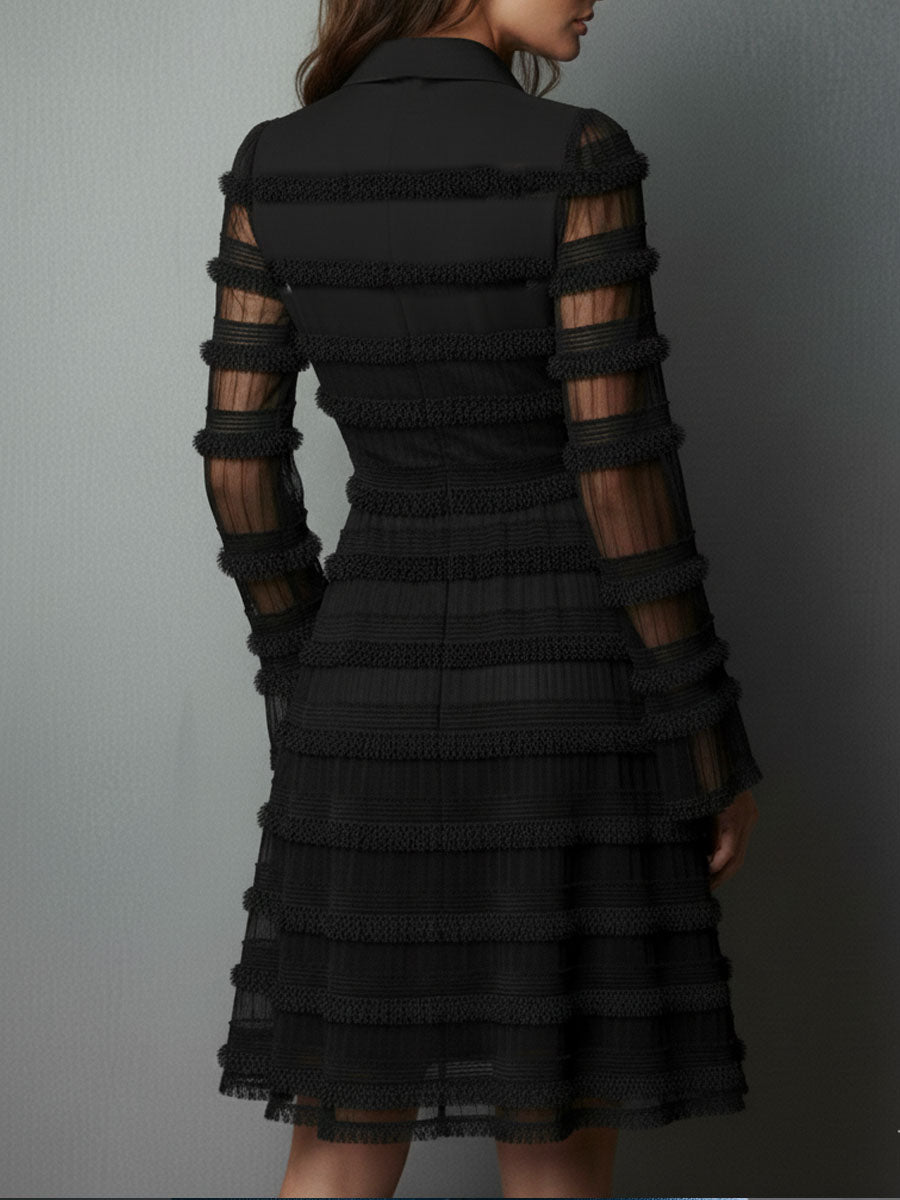 VESTIDO MINI NEGRO CON FLECOS TEXTURIZADOS Y CAPAS TRANSPARENTES. MODERNO Y PERFECTO PARA FIESTAS O EVENTOS. CONSÍGUELO HOY