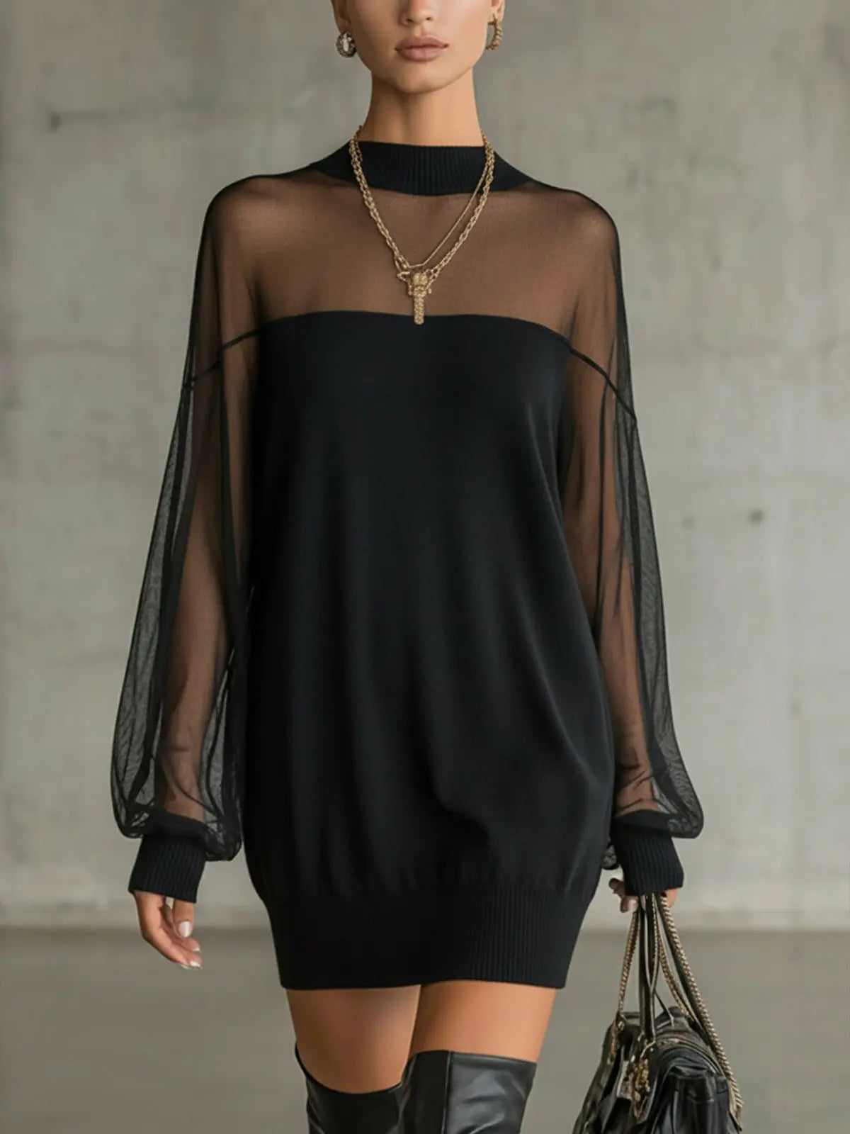 high neck mesh mini dress Black Mesh Ruched High Neck Mini Dress