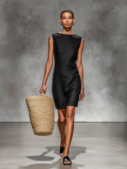 VESTIDO MINI NEGRO SIN MANGAS DE MEZCLA DE LINO. MINIMALISTA, FRESCO Y PERFECTO PARA LOOKS CASUALES DE PRIMAVERA Y VERANO.
