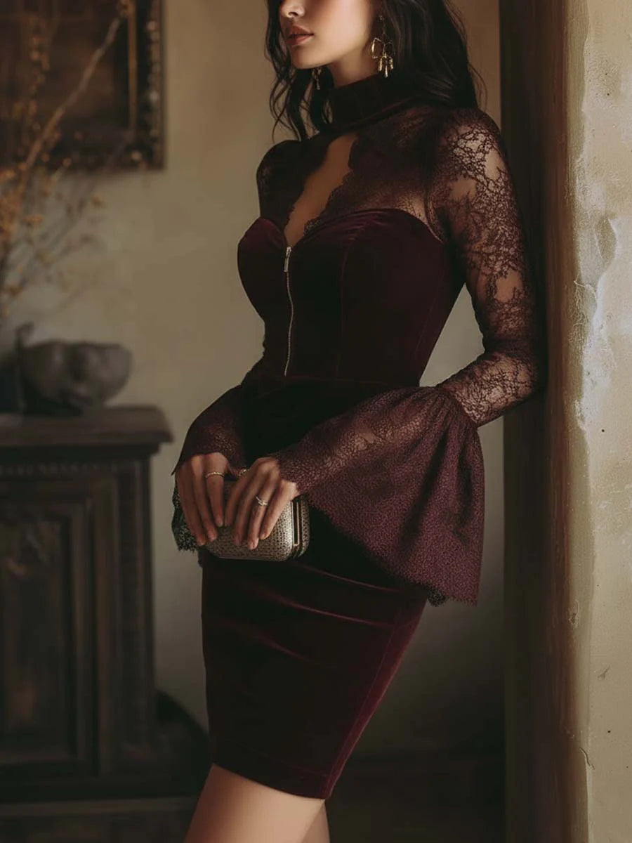 BURGUNDY VELVET MINI DRESS WITH LACE