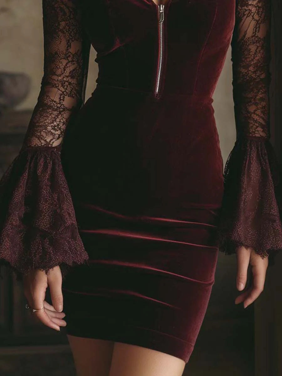 BURGUNDY VELVET MINI DRESS WITH LACE