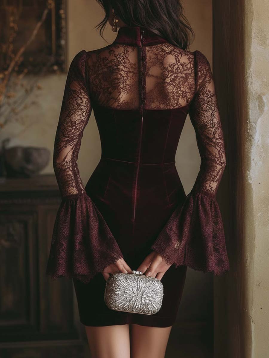 BURGUNDY VELVET MINI DRESS WITH LACE