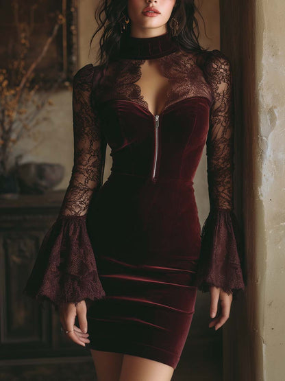 BURGUNDY VELVET MINI DRESS WITH LACE