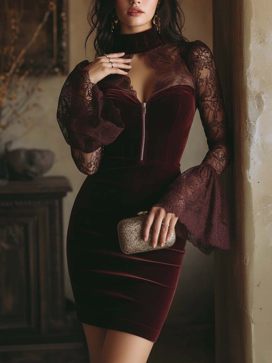BURGUNDY VELVET MINI DRESS WITH LACE