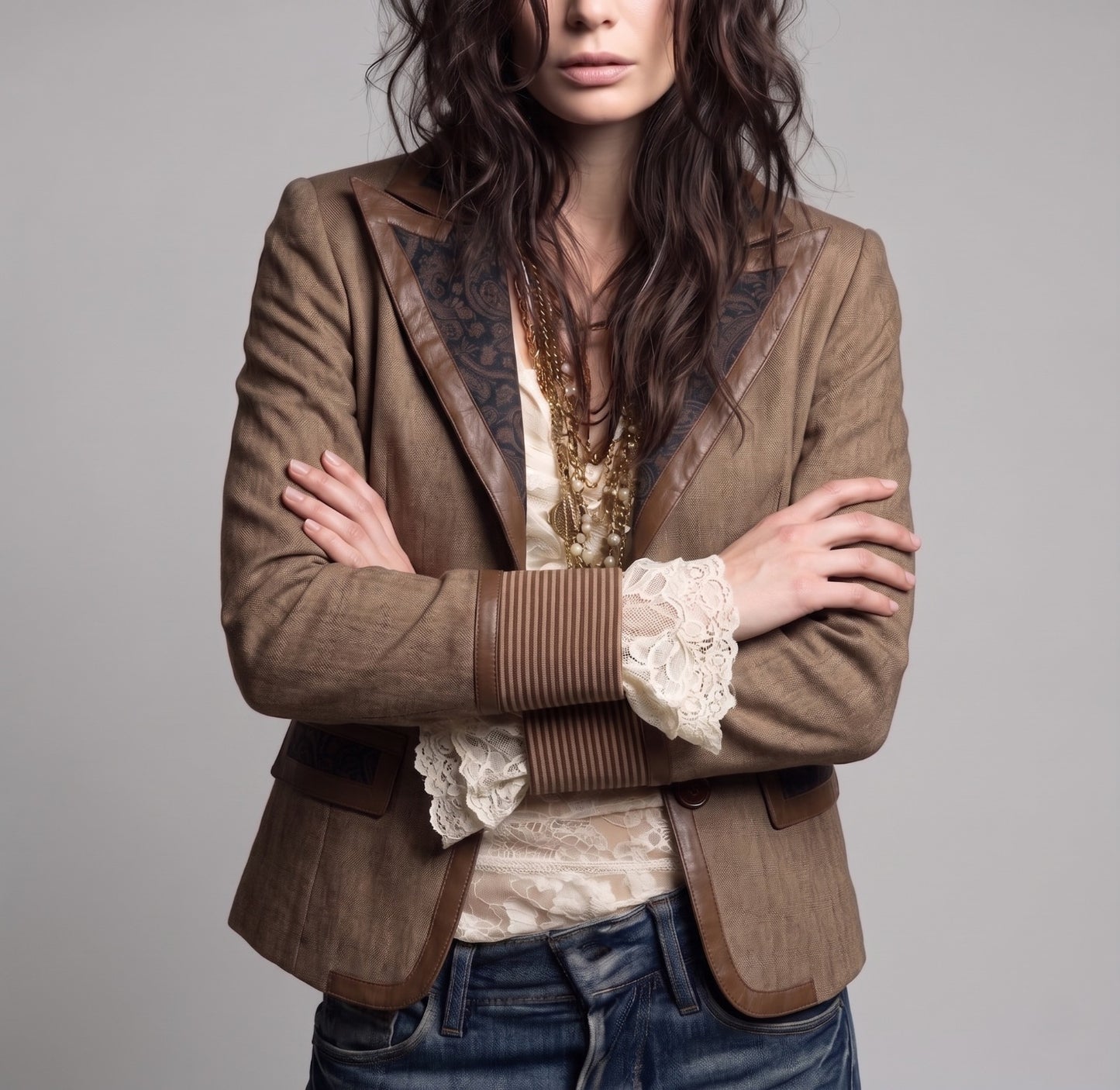 BROWN BLAZER WITH CONTRAST LAPELS