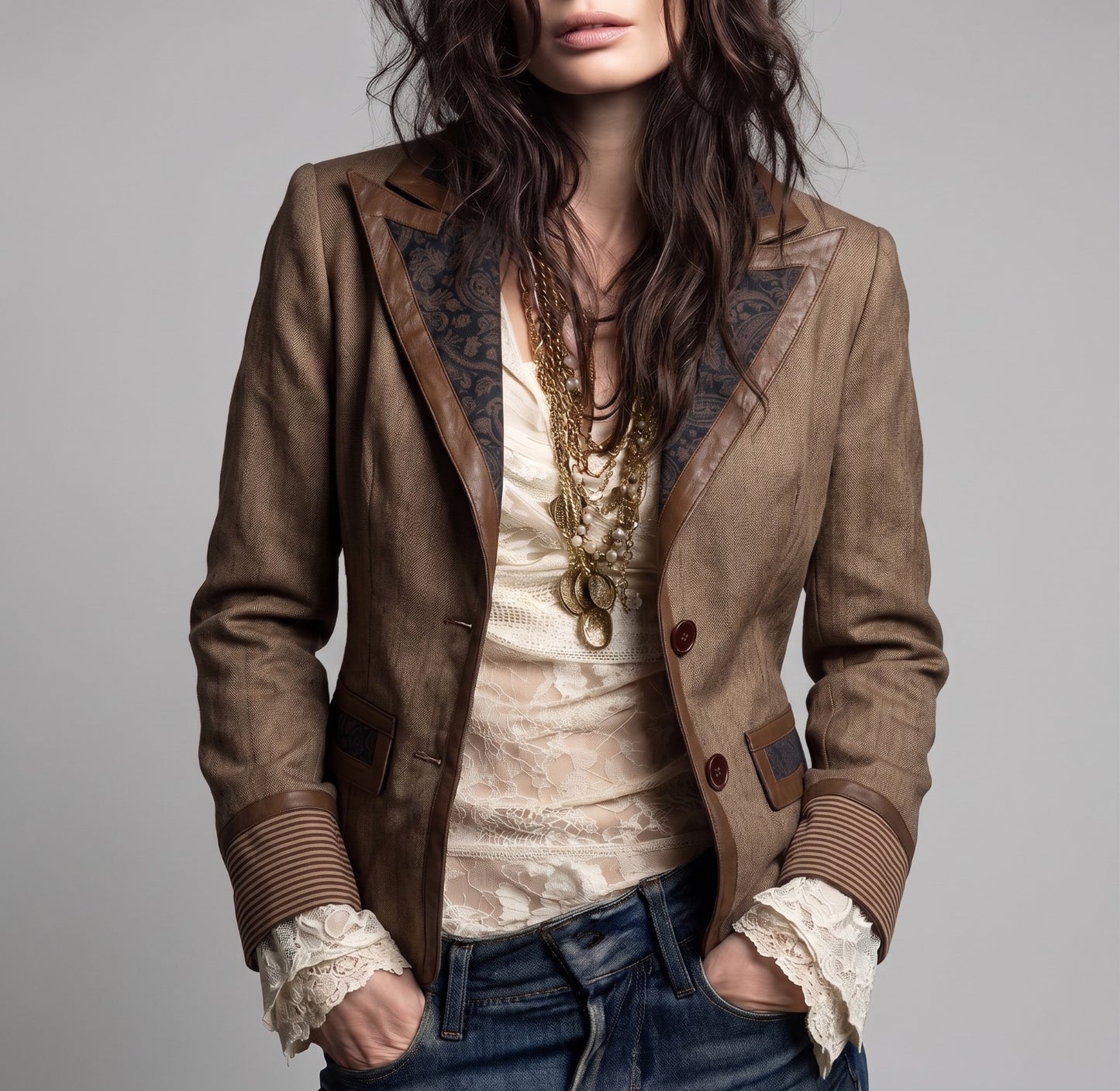 BROWN BLAZER WITH CONTRAST LAPELS