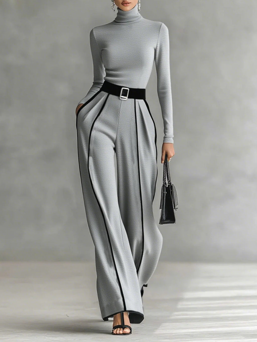 HIGH NECK SET WITH WHITE TRIM AND WIDE TROUSERS