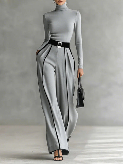 HIGH NECK SET WITH WHITE TRIM AND WIDE TROUSERS