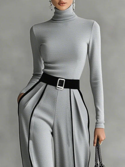HIGH NECK SET WITH WHITE TRIM AND WIDE TROUSERS