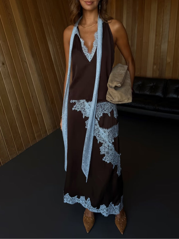 FALDA ENCAJE MARRÓN Y AZUL