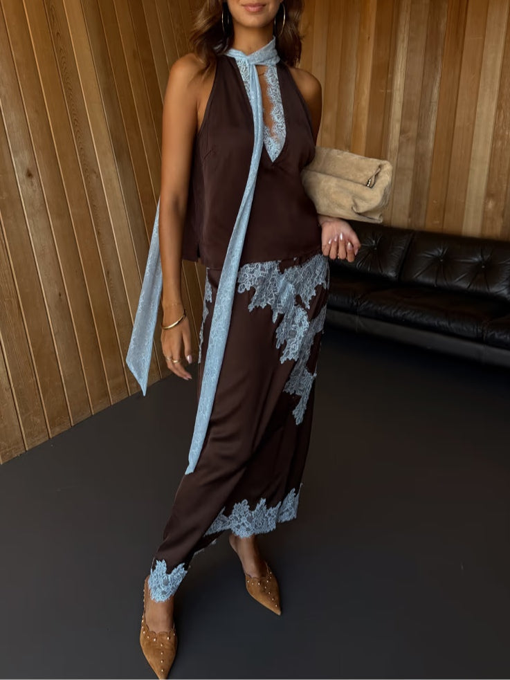 FALDA ENCAJE MARRÓN Y AZUL