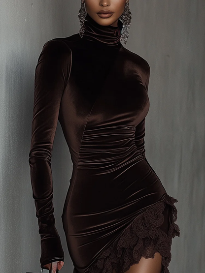 VESTIDO MINI TERCIOPELO CUELLO ALTO ENCAJE