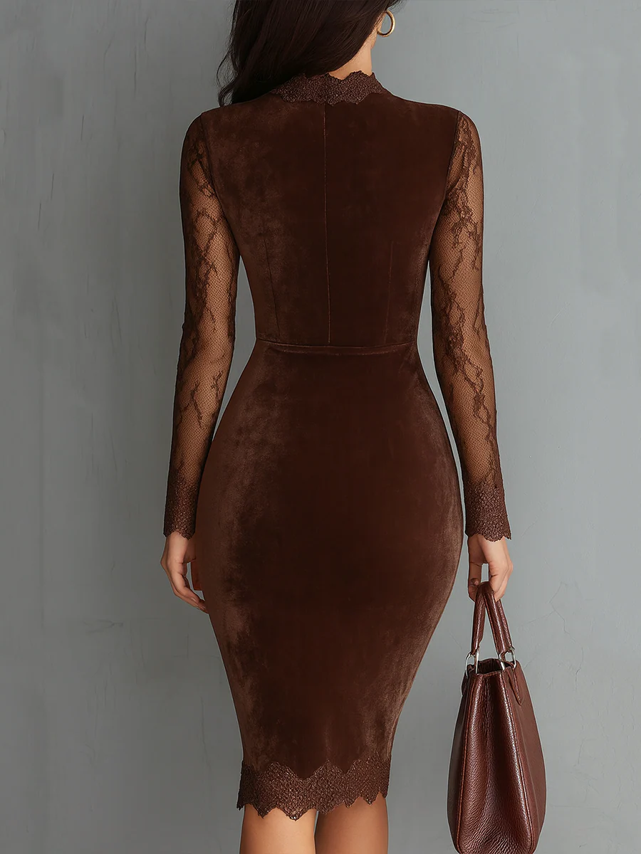 BROWN VELVET MINI DRESS WITH LACE SLEEVES